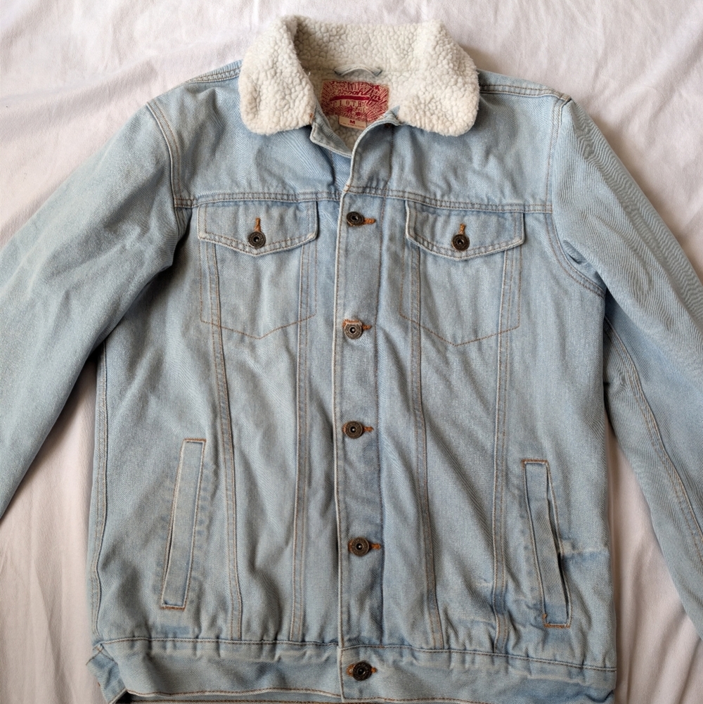vintage Y2K retro Brooklyn Cloth Sherpa Lined Jean Jacket Mens Sz Medium Trucker